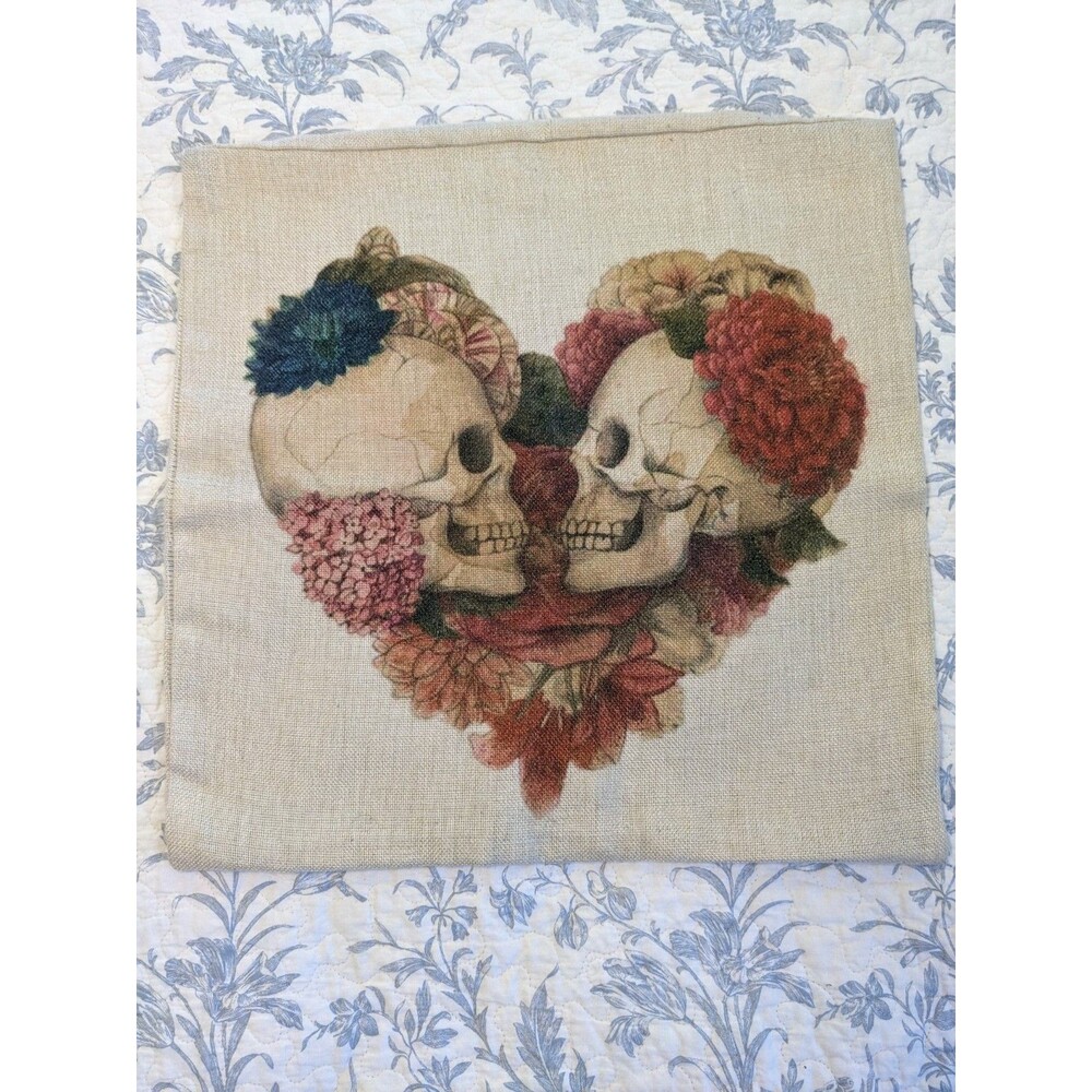 Skull Heart Tattoo Style Pastel Burlap Throw Pillow COVER Gothic 18 X 18 Romance